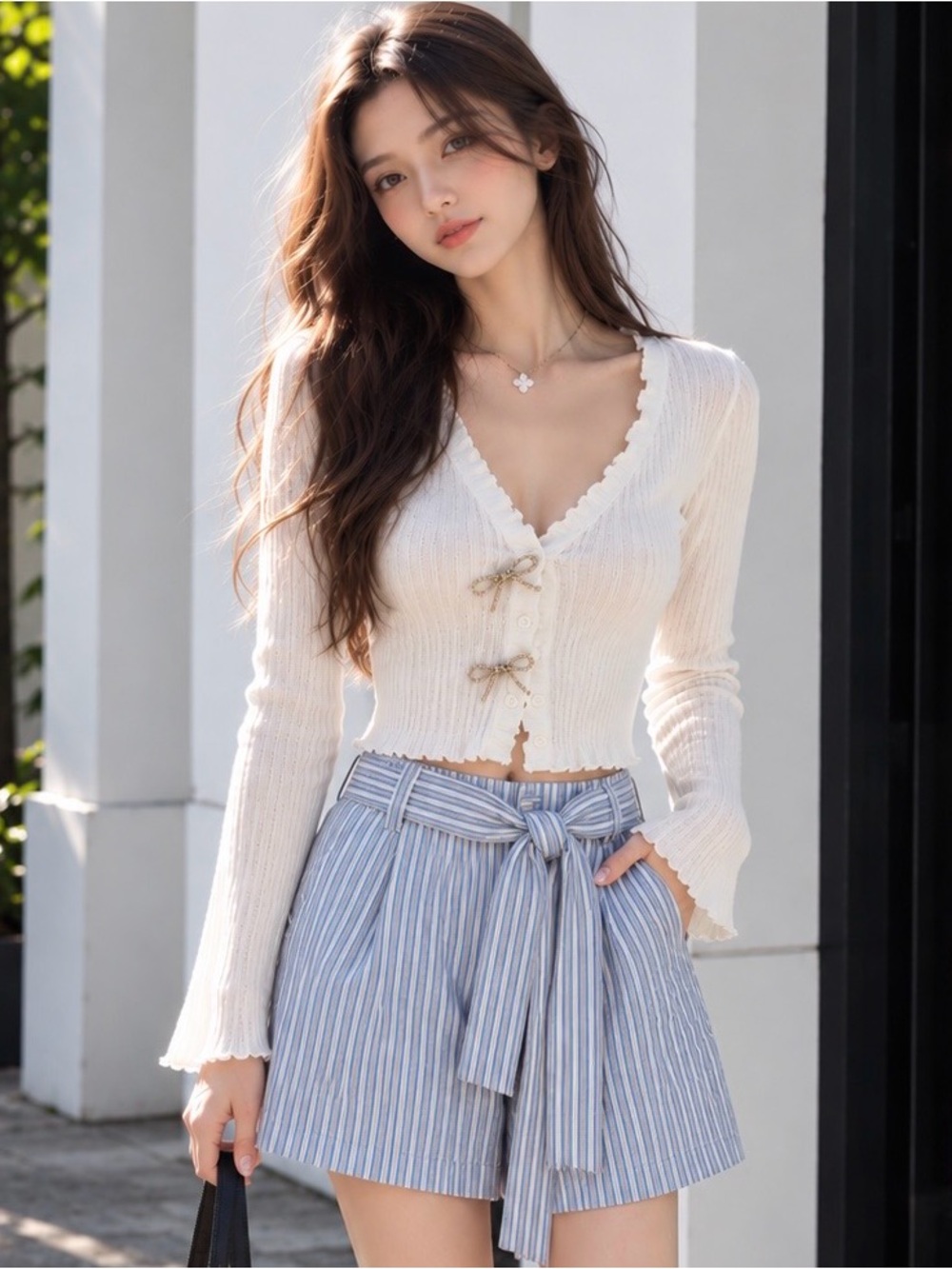 Blue & White Striped Tie-Waist Shorts